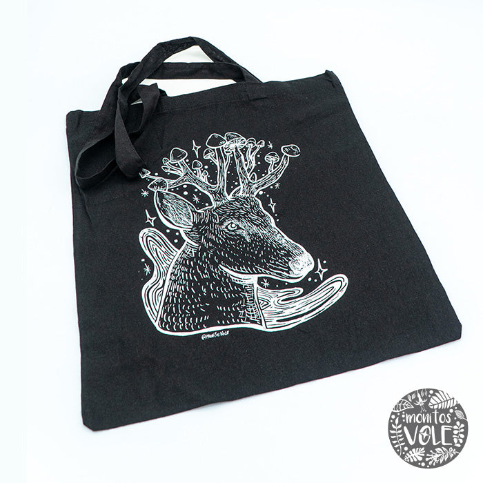 BOLSA ALGODÓN NEGRO HUEMUL CON HONGOS